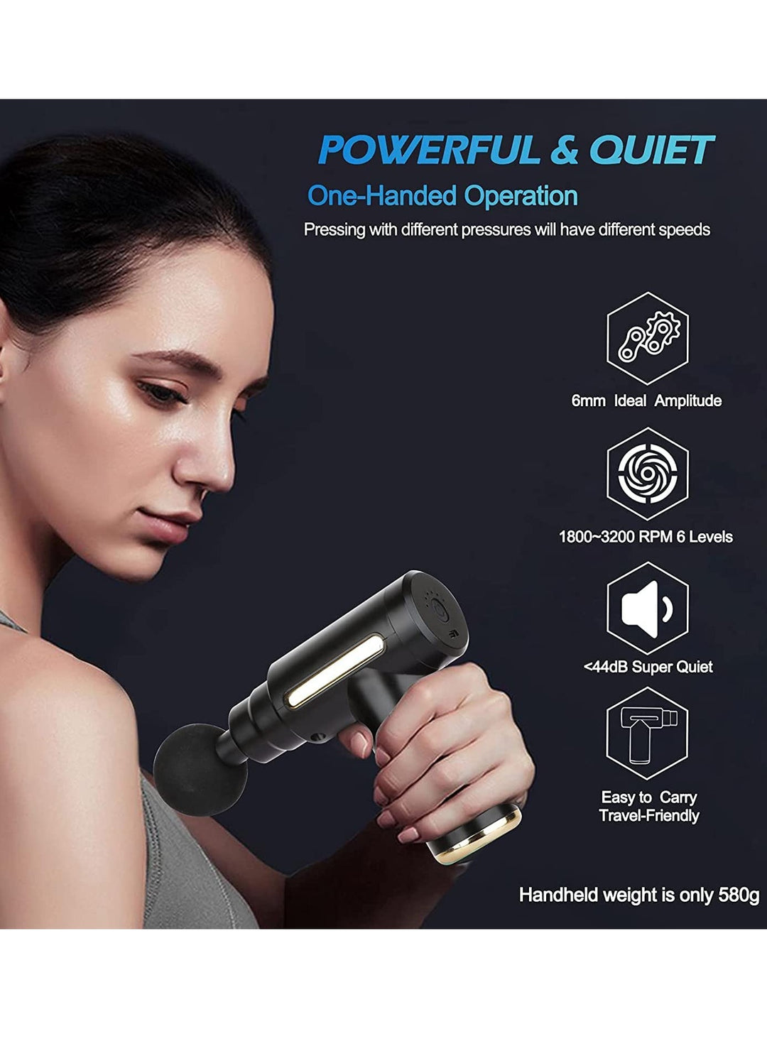 Massage Gun Portable 6 Speeds Percussion Muscle Massager with 4 Massage Heads