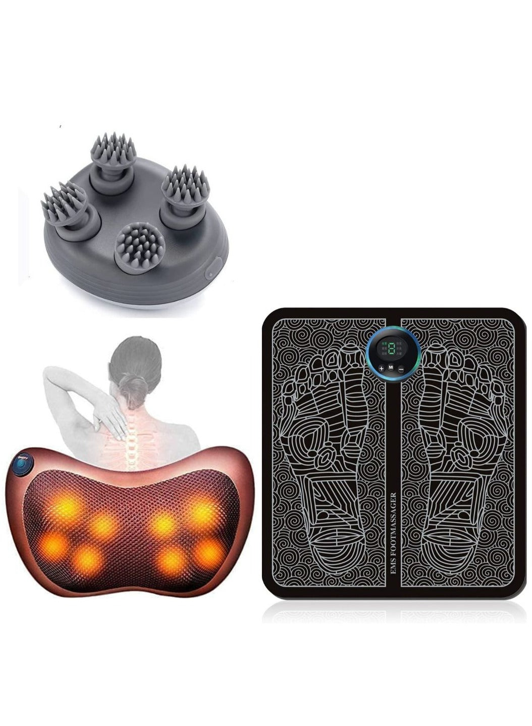 Electric Scalp Massager with 4 Heads + Massage Pillow with 8 Heads + EMS Foot Massager