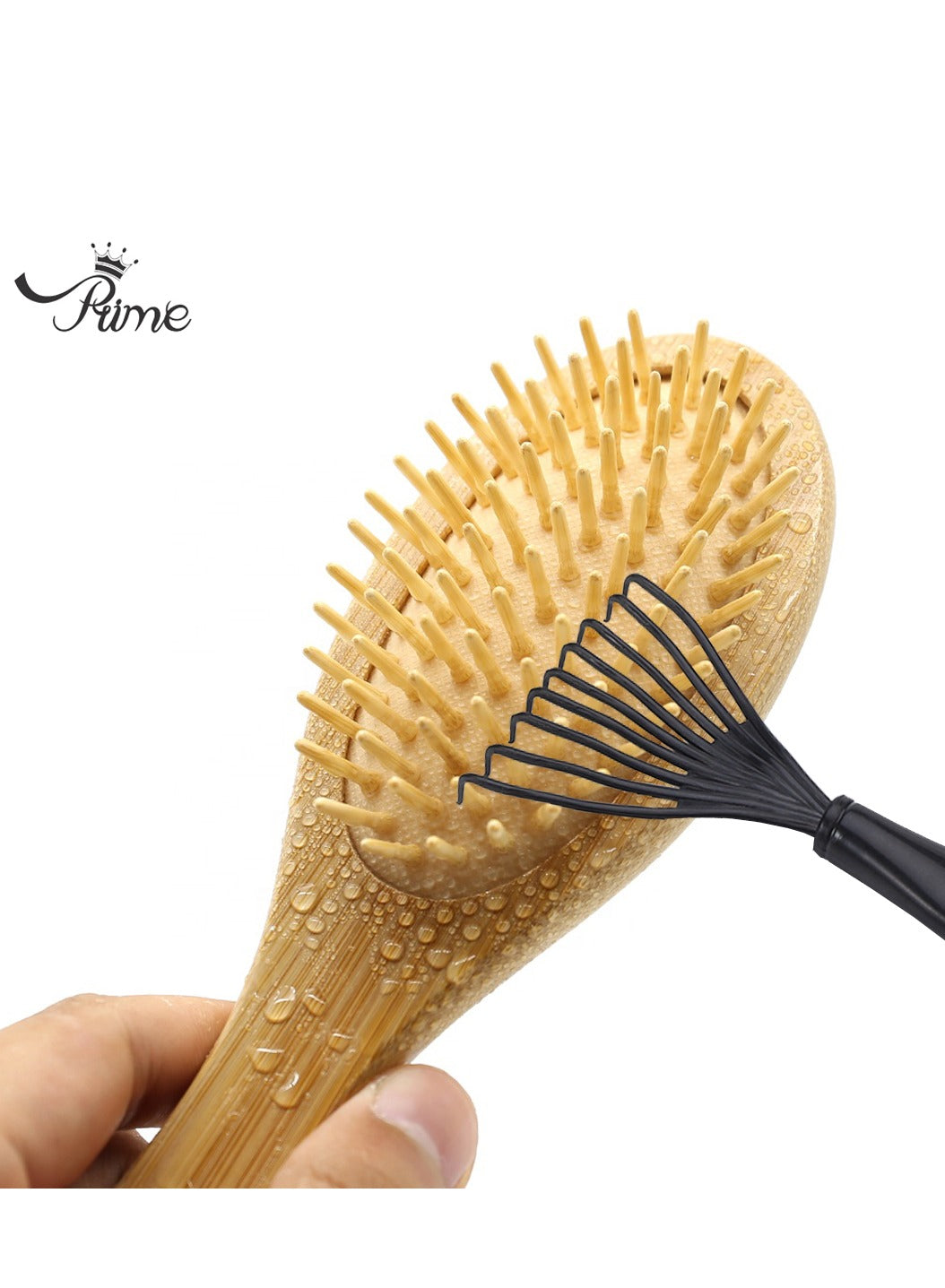 Round Shaped Bamboo Wooden Cushion Hair Brush Beige With Brush Cleaner