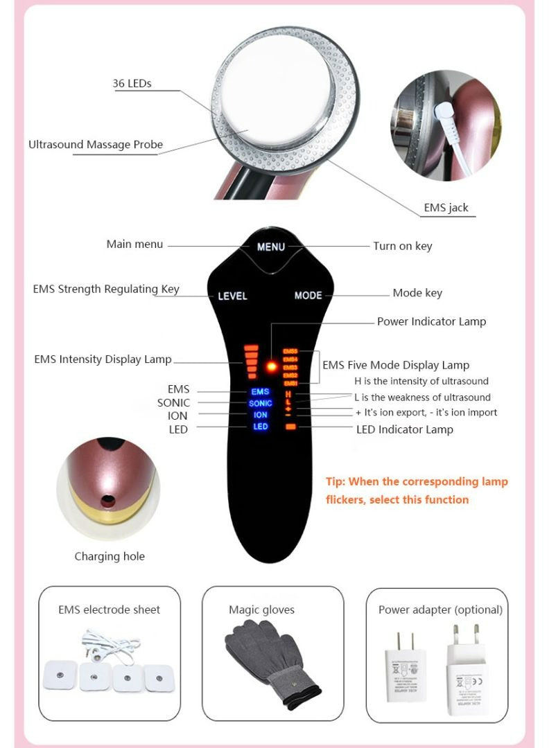 6 In1 Ultrasound Body EMS Slimming LED Therapy Facial Massager